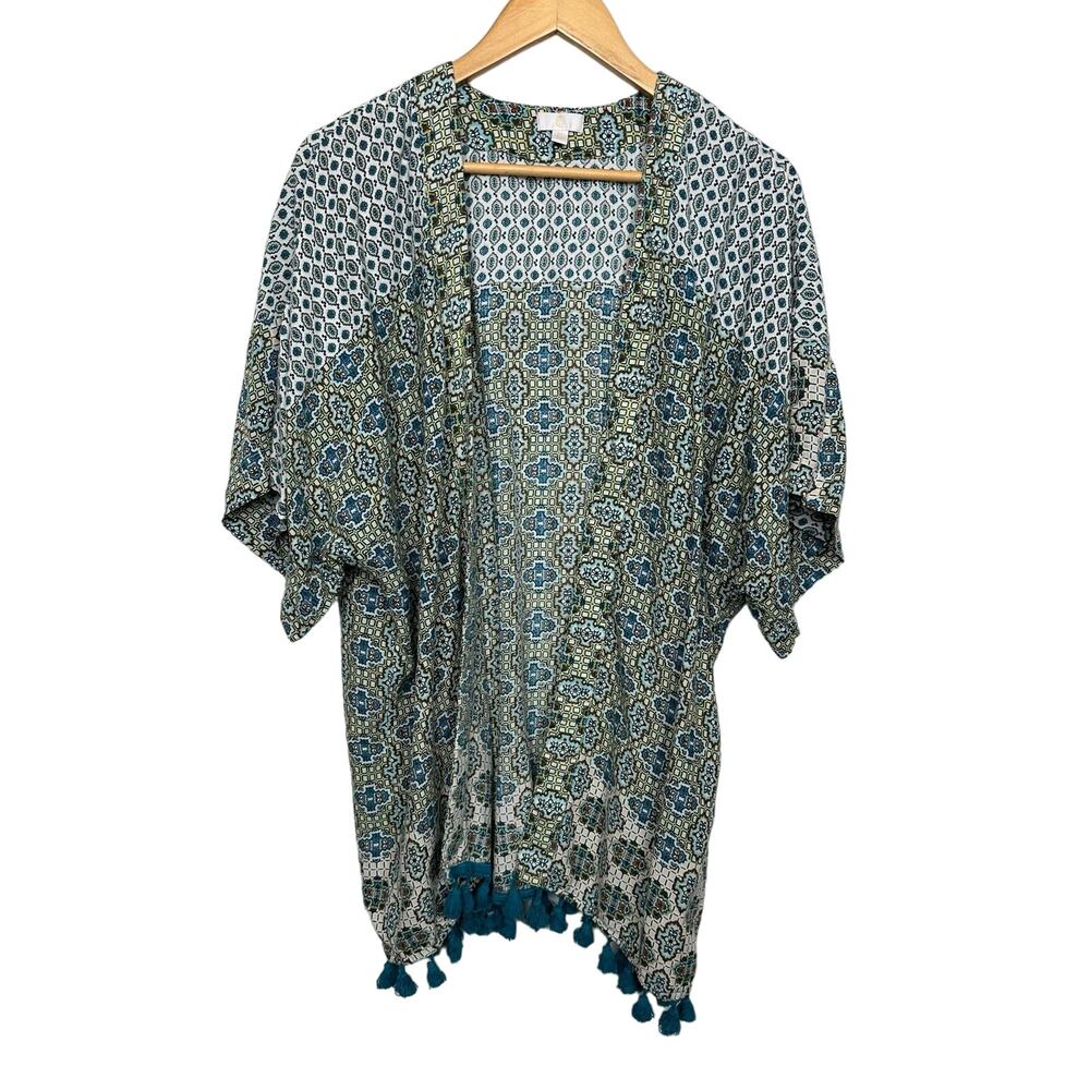 C Women's Kimono Size Small White Blue Print Open Front Cardigan